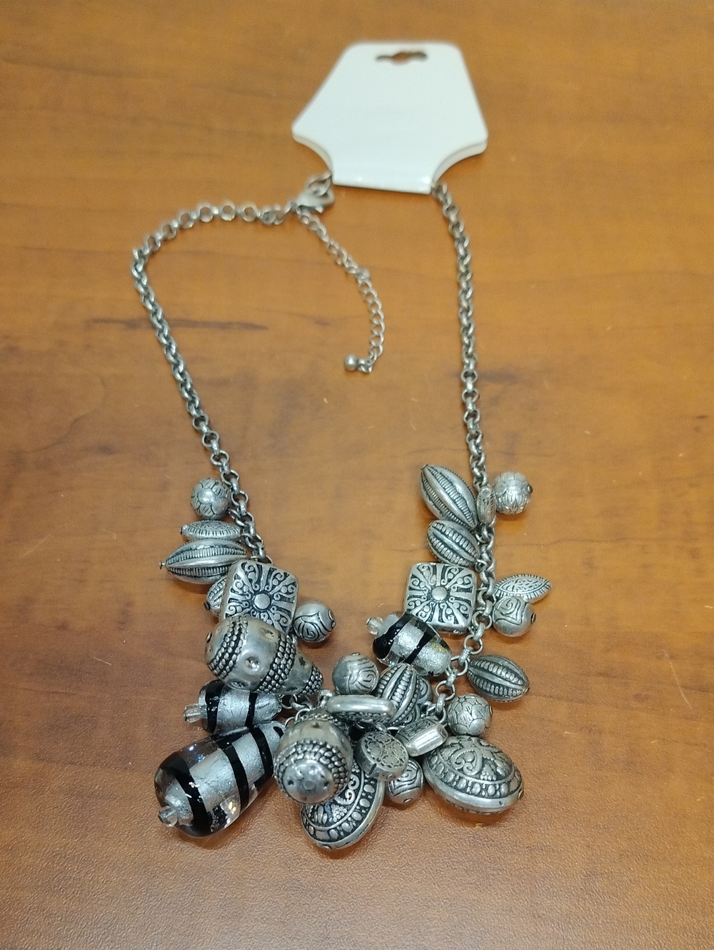 Silver-Tone Beaded Statement Necklace - Black & Silver